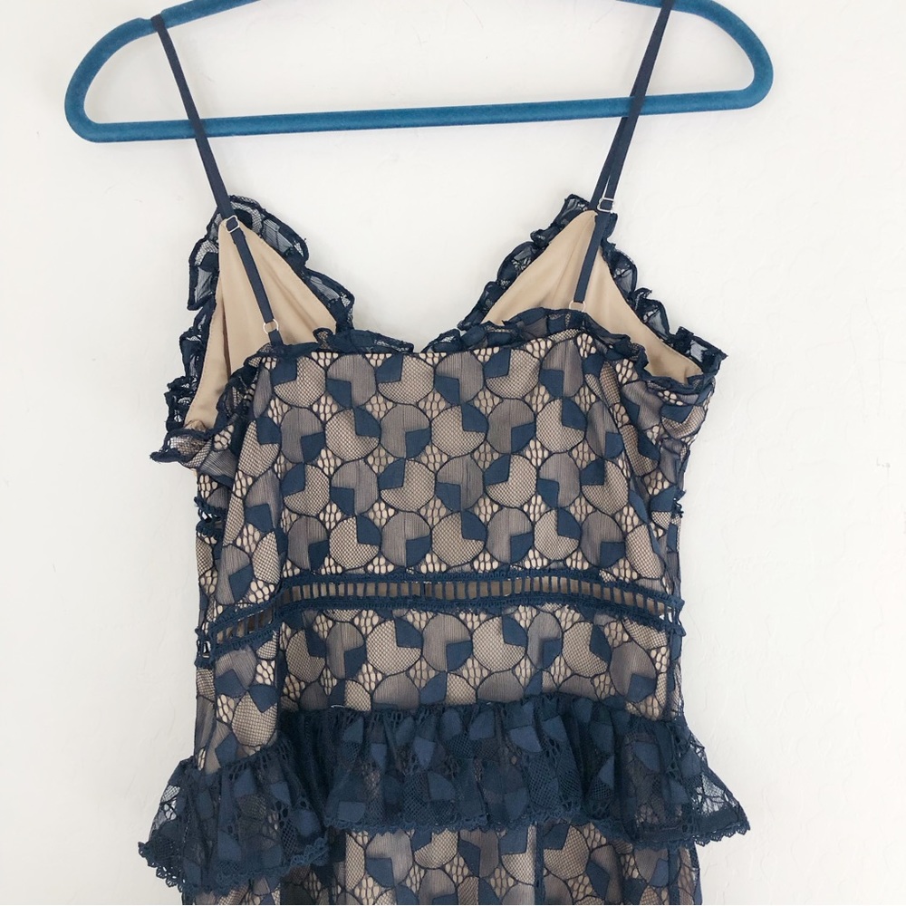 J.O.A Navy Blue Nude Lace Tiered Skirt Dress size Small - Picture 7 of 10